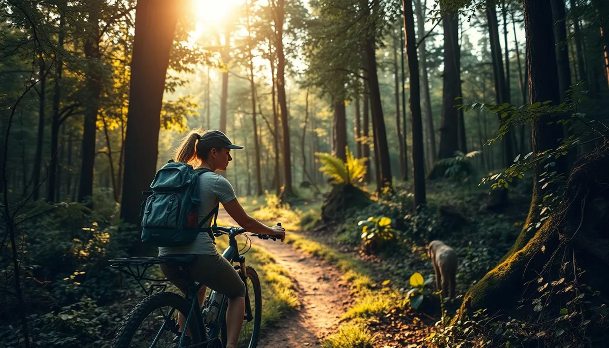vélo trekking femme sur chemin forestier